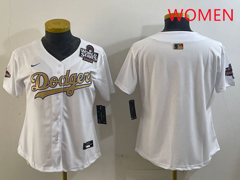 Women Los Angeles Dodgers Blank White Champion gold character 2025 Nike MLB Jersey style 4->women mlb jersey->Women Jersey